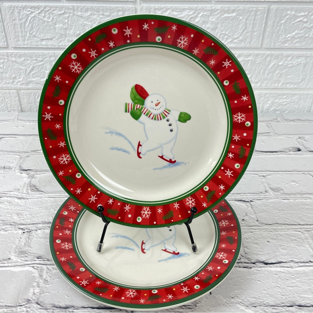 Longaberger Pottery Bluster the Snowman Skating Holiday Snack Plates Set of 2
